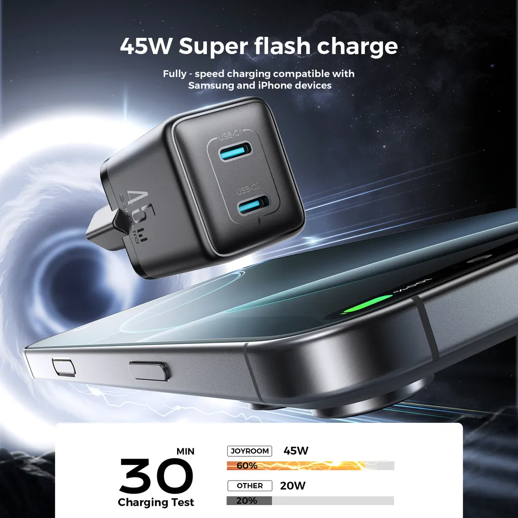 Caricabatterie Rete Joyroom JR-TCG17, 45W, 3A, 2 x USB-C, Nero