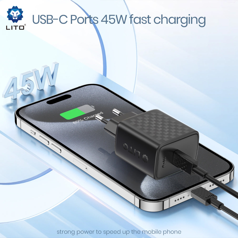 Caricabatterie da rete Lito LC20, 45W, 3A, 1 x USB-C, Nero