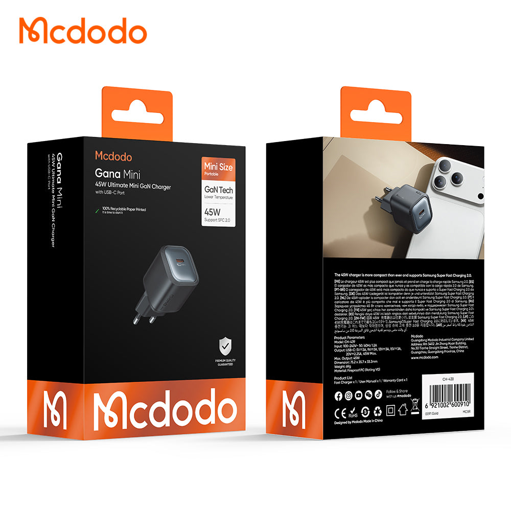 Caricatore da rete McDodo CH-4391 Ultimate Mini, 45W, 3A, 1 x USB-C, Nero