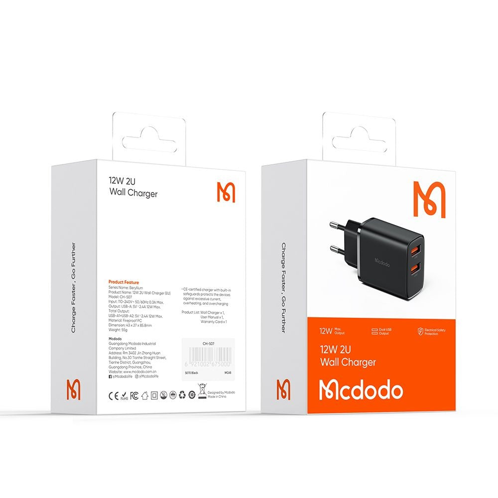 Caricabatterie Retea McDodo CH-5070 Beryllium, 12W, 2.4A, 2 x USB-A, Nero