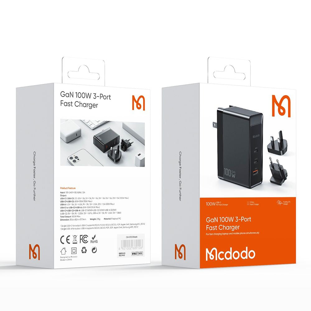 Caricabatterie da rete McDodo CH-8101 Pro Nuc AR Power Travel, 100W, 5A, 1 x USB-A - 2 x USB-C, Nero