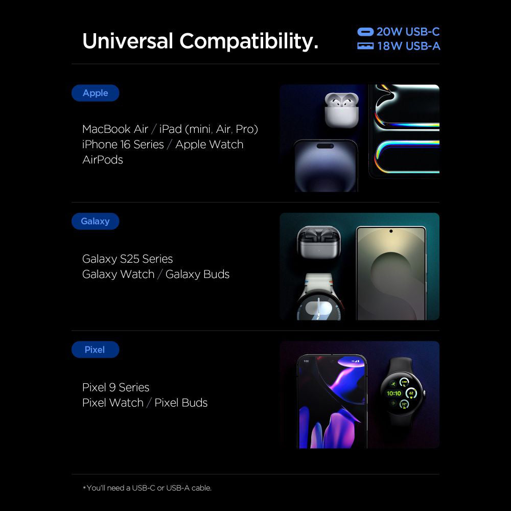 Caricabatterie Rete Spigen Essential, 20W, 3A, 1 x USB-A - 1 x USB-C, Bianco ACH08704