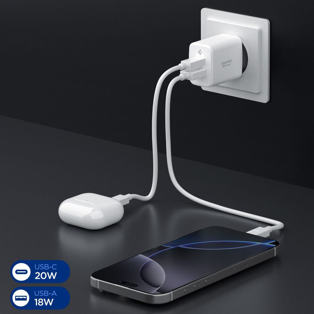 Caricabatterie Rete Spigen Essential, 20W, 3A, 1 x USB-A - 1 x USB-C, Bianco ACH08704