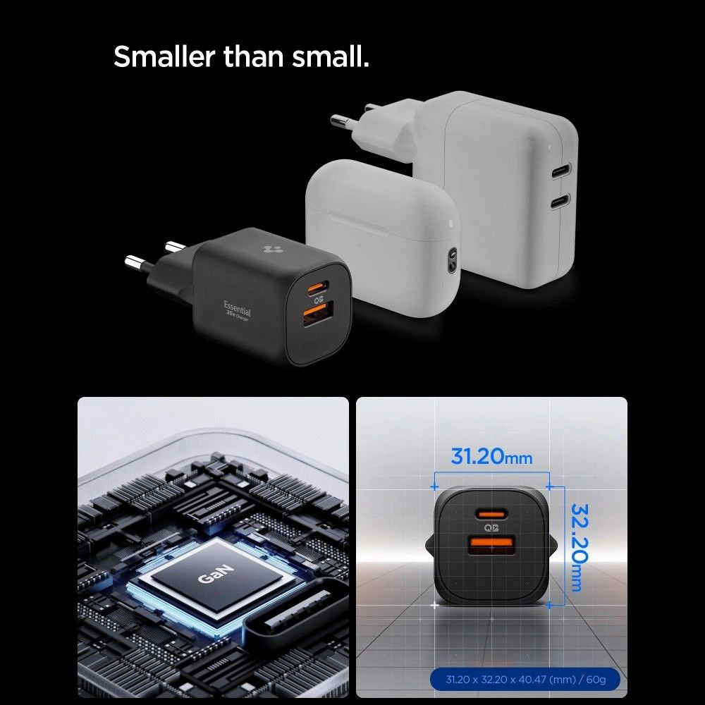 Caricabatterie Rete Spigen Essential, 35W, 3A, 1 x USB-A - 1 x USB-C, Nero