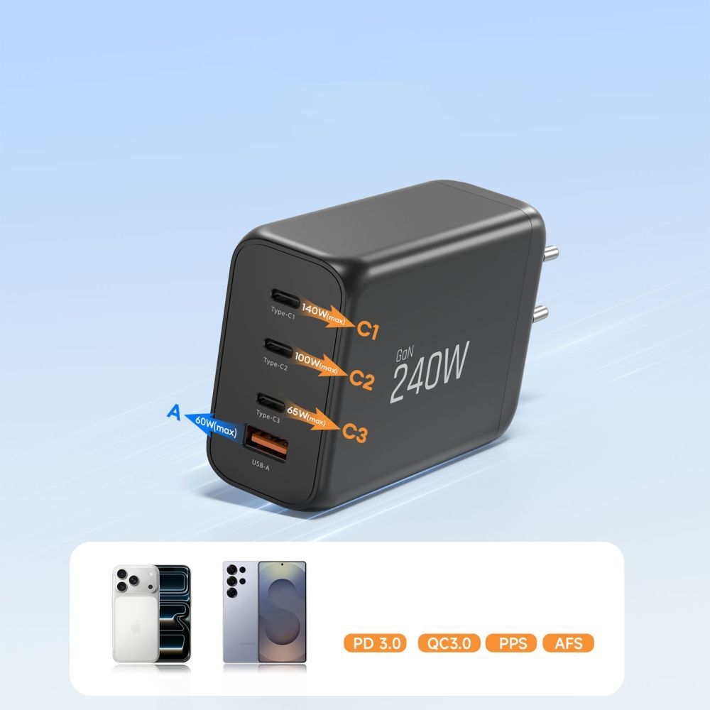 Tech-Protect NC240W-GAN Network Charger, 240W, 5A, 1 x USB-A - 3 x USB-C, Black