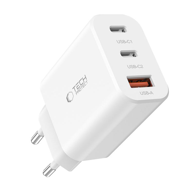 Caricabatterie di rete Tech-Protect NC30W, 30W, 3A, 1 x USB-A - 2 x USB-C, Bianco