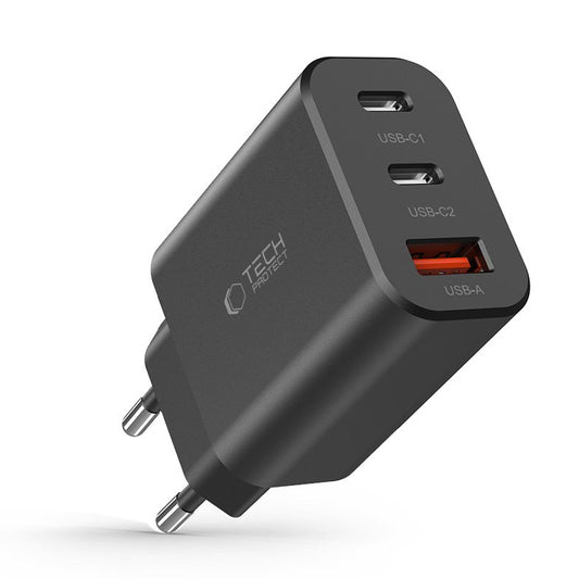 Caricatore di rete Tech-Protect NC30W, 30W, 3A, 1 x USB-A - 2 x USB-C, nero