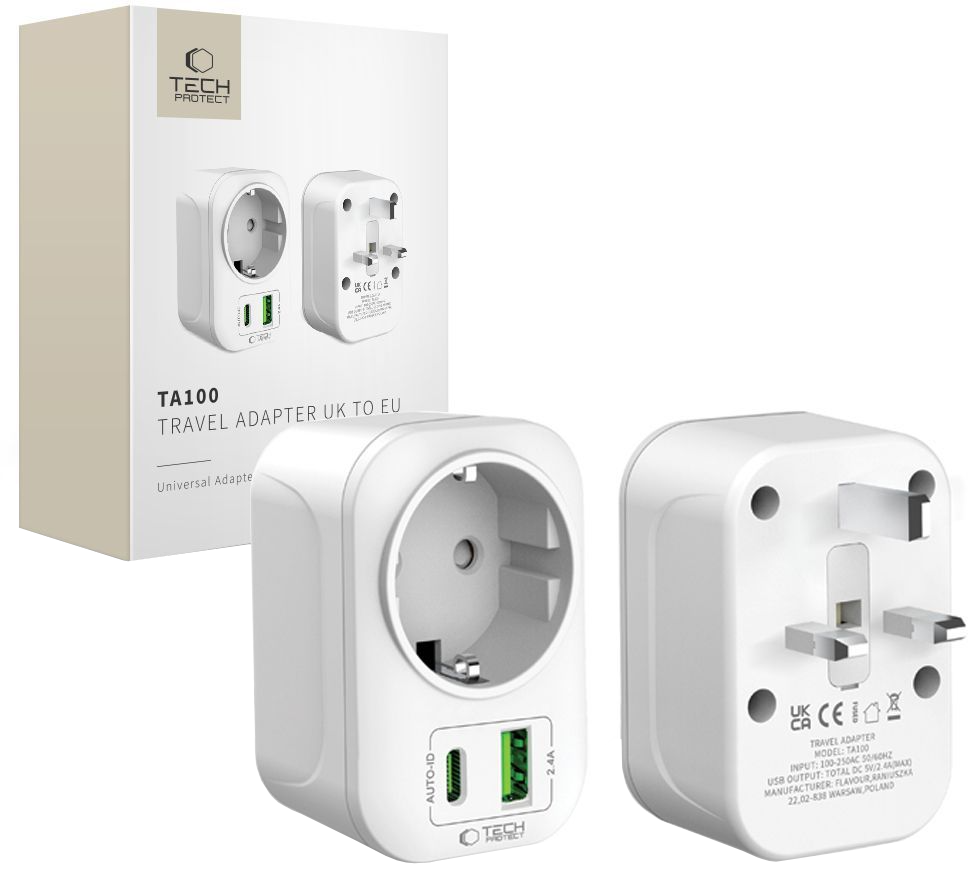 Caricabatterie Retea Tech-Protect TA100 Travel UK, 20W, 3A, 1 x Schuko - 1 x USB-A - 1 x USB-C, Bianco
