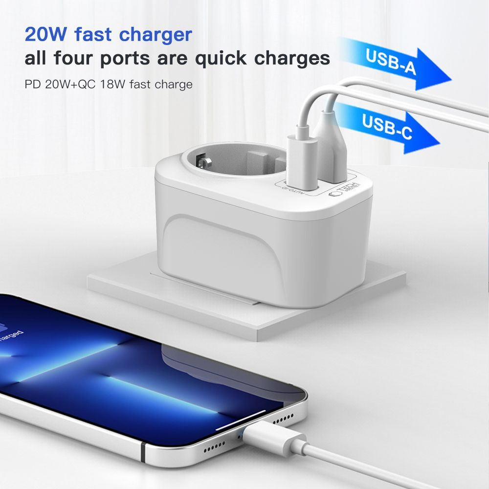 Caricabatterie Retea Tech-Protect TA100 Travel UK, 20W, 3A, 1 x Schuko - 1 x USB-A - 1 x USB-C, Bianco