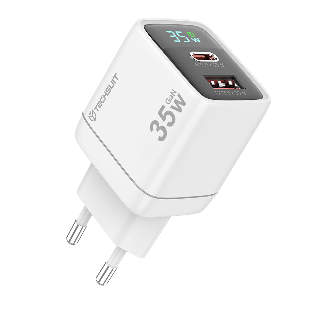 Chargeur Réseau Techsuit CH3 LEDChargX Display, 35W, 3A, 1 x USB-A - 1 x USB-C, Blanc