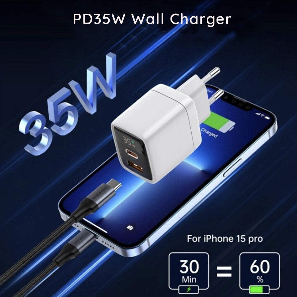 Chargeur Réseau Techsuit CH3 LEDChargX Display, 35W, 3A, 1 x USB-A - 1 x USB-C, Blanc