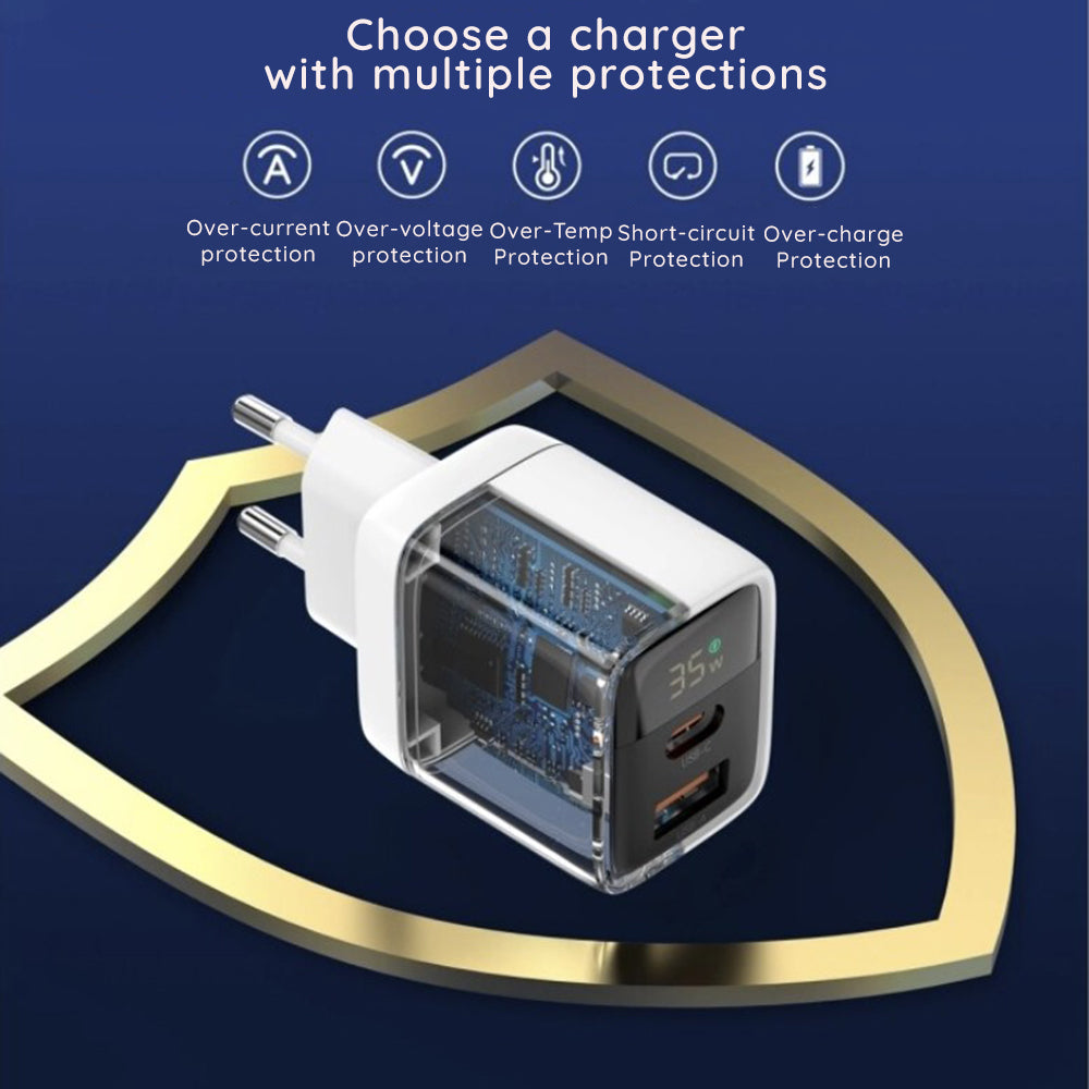 Chargeur Réseau Techsuit CH3 LEDChargX Display, 35W, 3A, 1 x USB-A - 1 x USB-C, Blanc