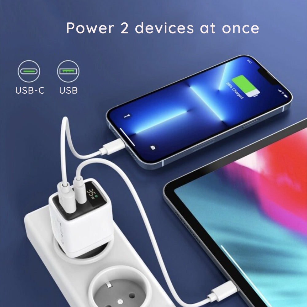 Chargeur Réseau Techsuit CH3 LEDChargX Display, 35W, 3A, 1 x USB-A - 1 x USB-C, Blanc
