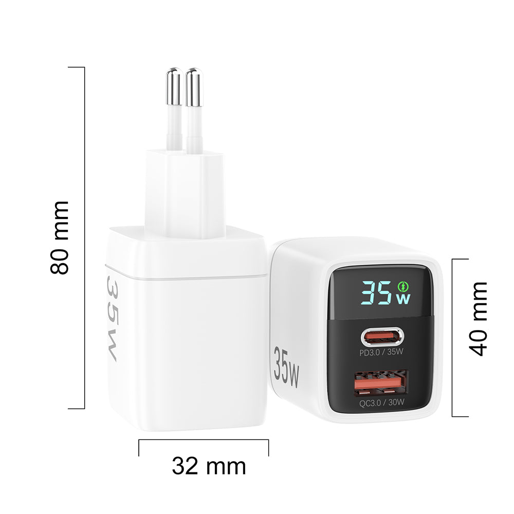 Chargeur Réseau Techsuit CH3 LEDChargX Display, 35W, 3A, 1 x USB-A - 1 x USB-C, Blanc