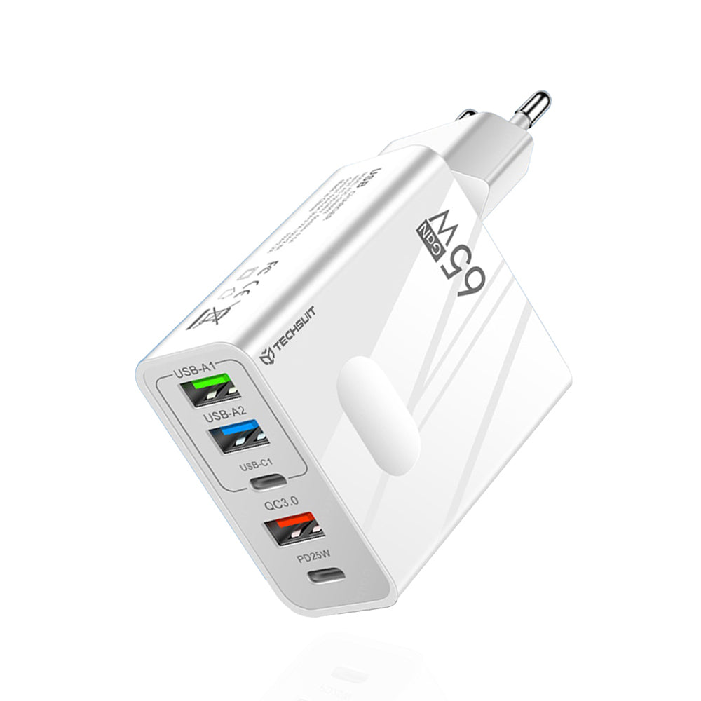 Caricabatterie Rete Techsuit CHC1 PentaXPower, 25W, 3A, 3 x USB-A - 2 x USB-C, Bianco
