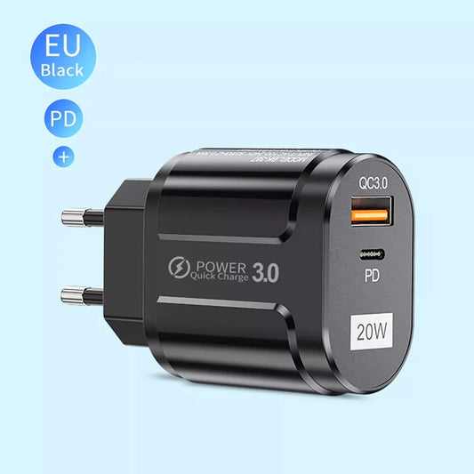 Techsuit Premium Netzladegerät, 20W, 3A, 1 x USB-A - 1 x USB-C, Schwarz CHPD038
