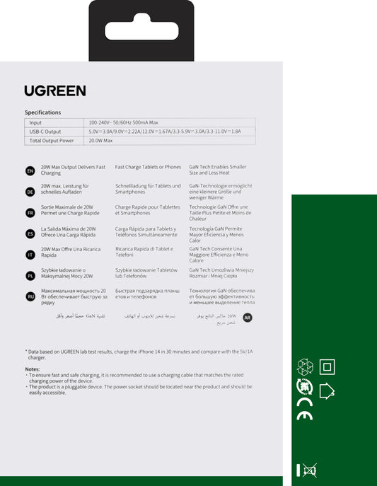 Netzwerk-Ladegerät UGREEN CD318, 20W, 3A, 1 x USB-C, Grau