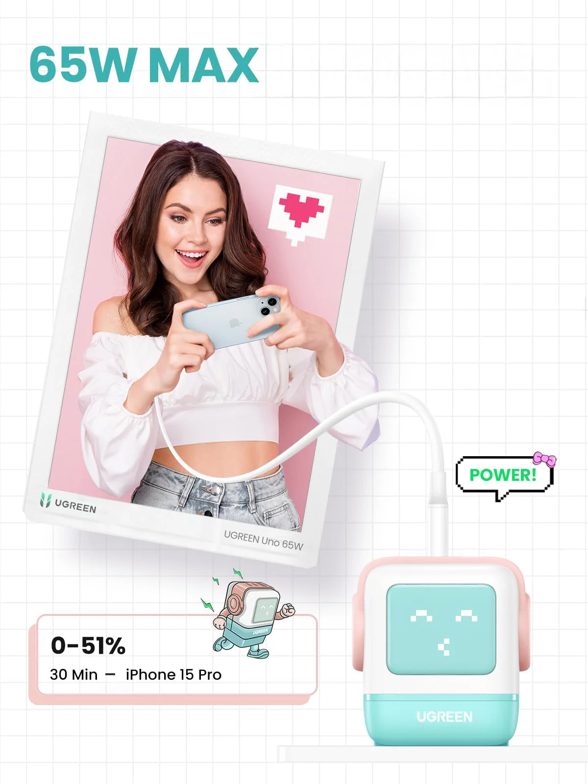 UGREEN CD361 Uno Netzladegerät, 65W, 3.25A, 1 x USB-A - 2 x USB-C, Türkis