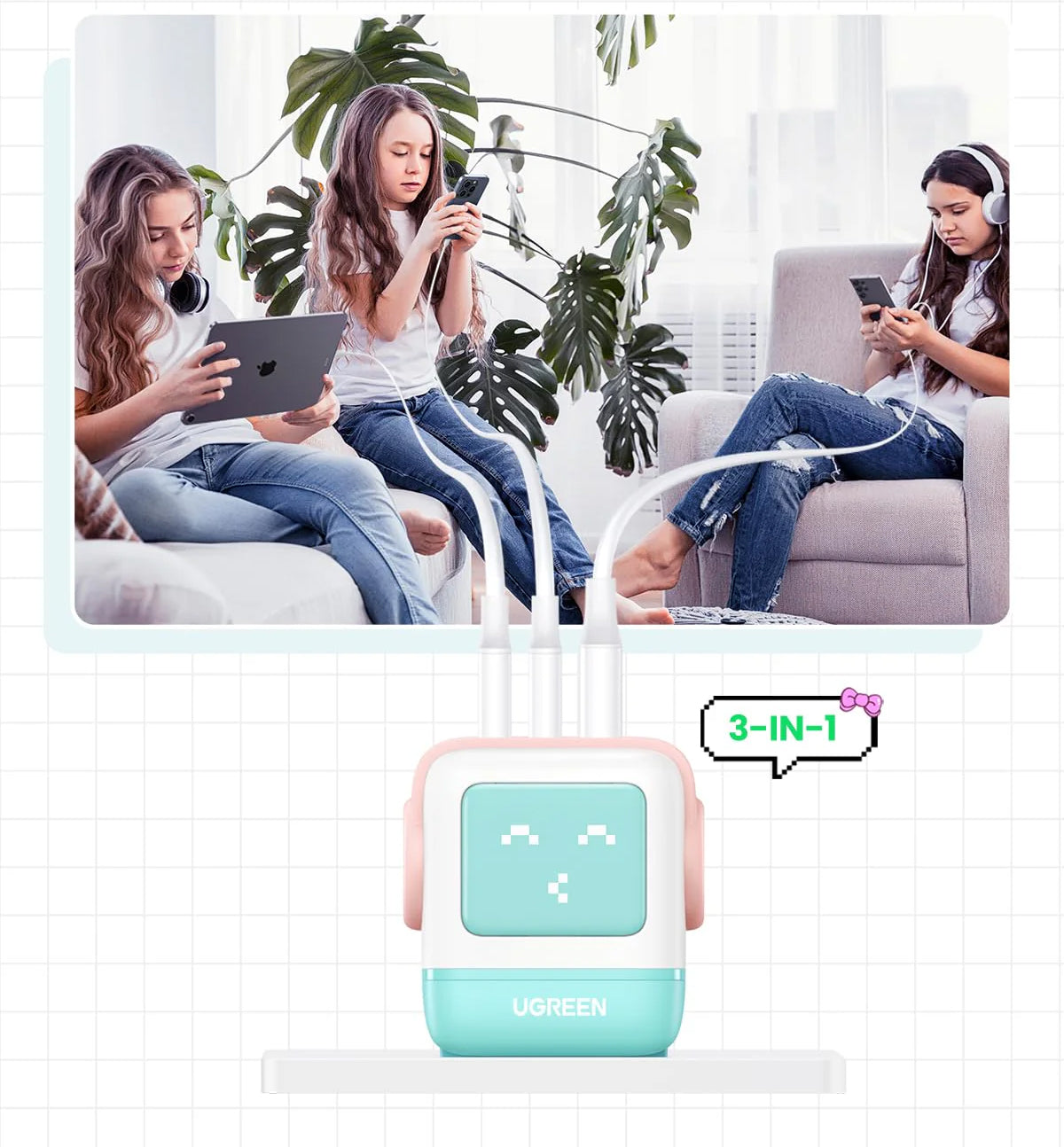 UGREEN CD361 Uno Netzladegerät, 65W, 3.25A, 1 x USB-A - 2 x USB-C, Türkis