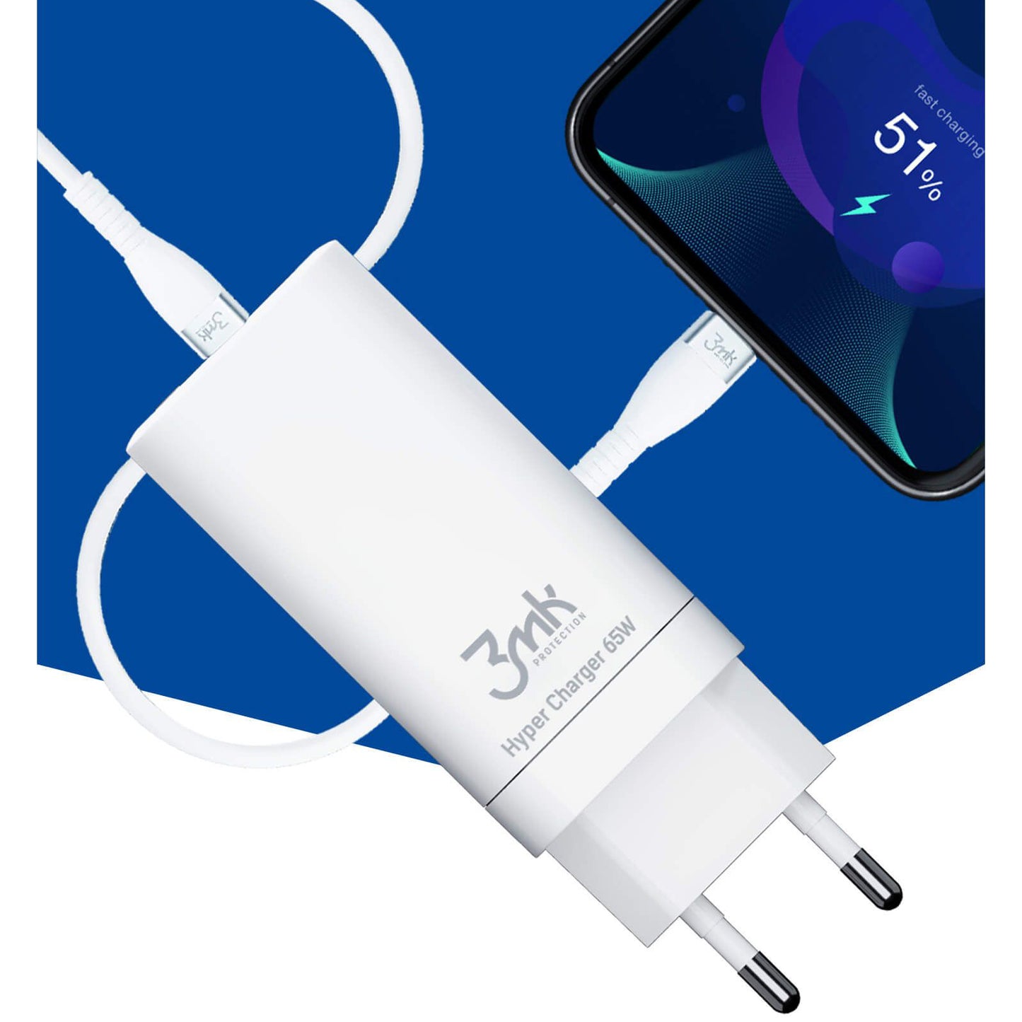 3MK HyperCharger Netzladegerät, 65W, 5A, 1 x USB-A - 2 x USB-C, Weiß