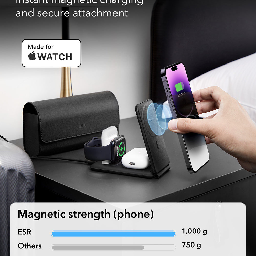 Chargeur Réseau Sans Fil ESR Travel 3en1, 15W, 1.67A, Noir