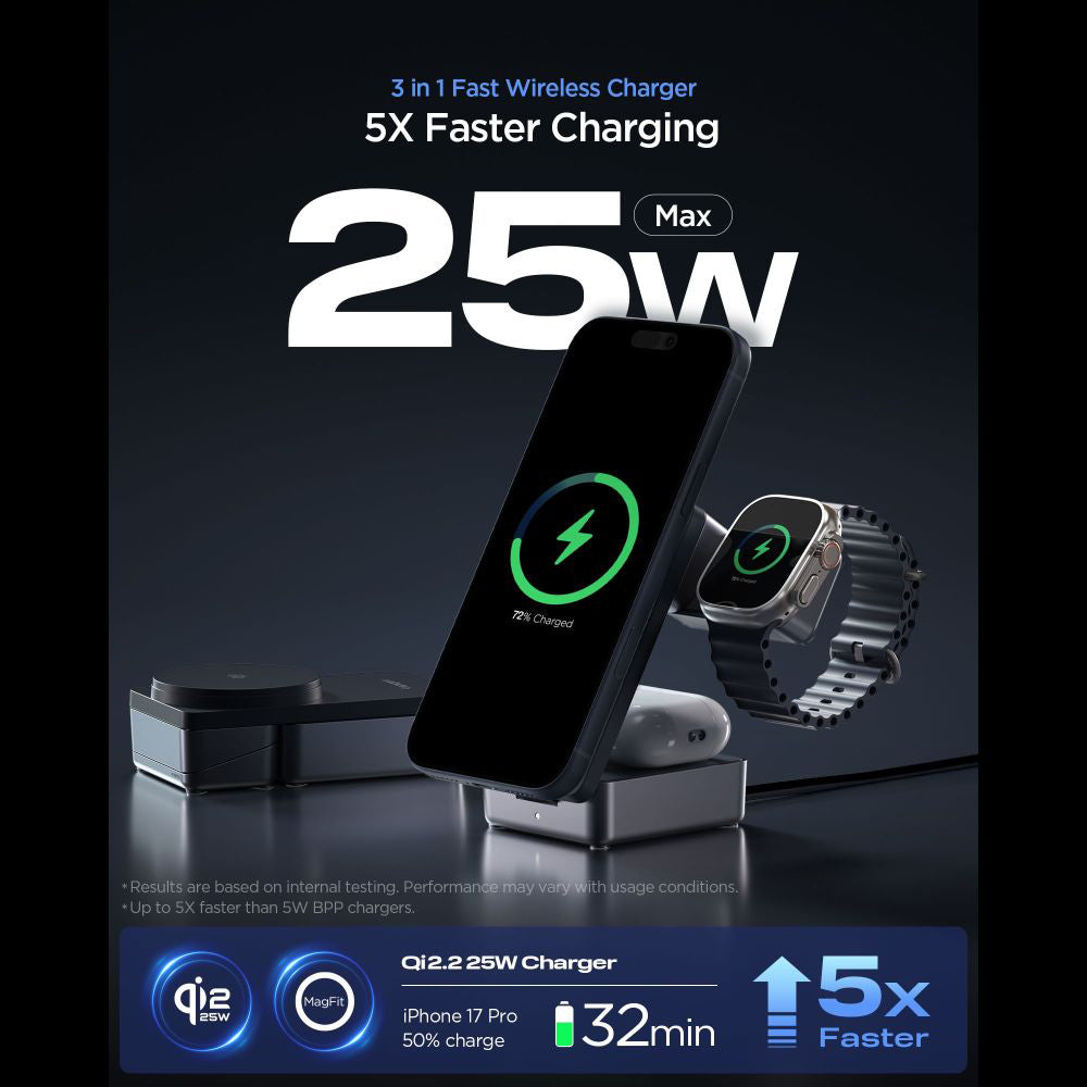 Caricabatterie Wireless Spigen EF323MQ Essential 3in1, 25W, Nero ACH10398