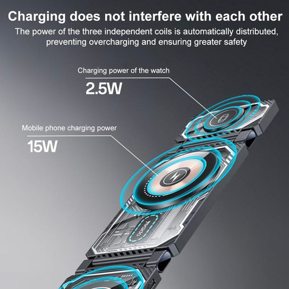Caricabatterie Wireless Yesido DS25 3in1, 15W, 1.67A, Nero