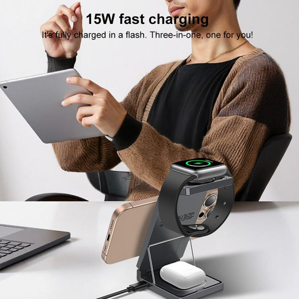 Caricabatterie Wireless Yesido DS25 3in1, 15W, 1.67A, Nero
