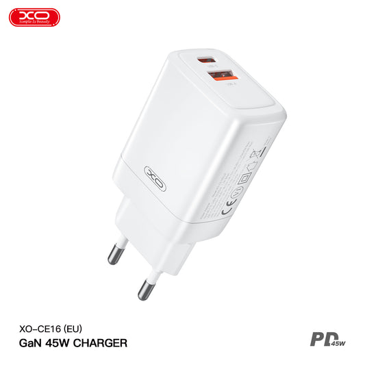 Network Charger XO Design CE16, 45W, 3A, 1 x USB-A - 1 x USB-C, White