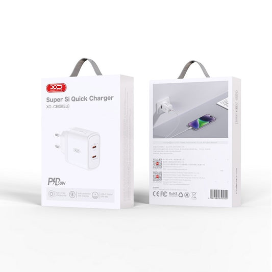 Network Charger XO Design CE08, 50W, 3A, 2 x USB-C, White
