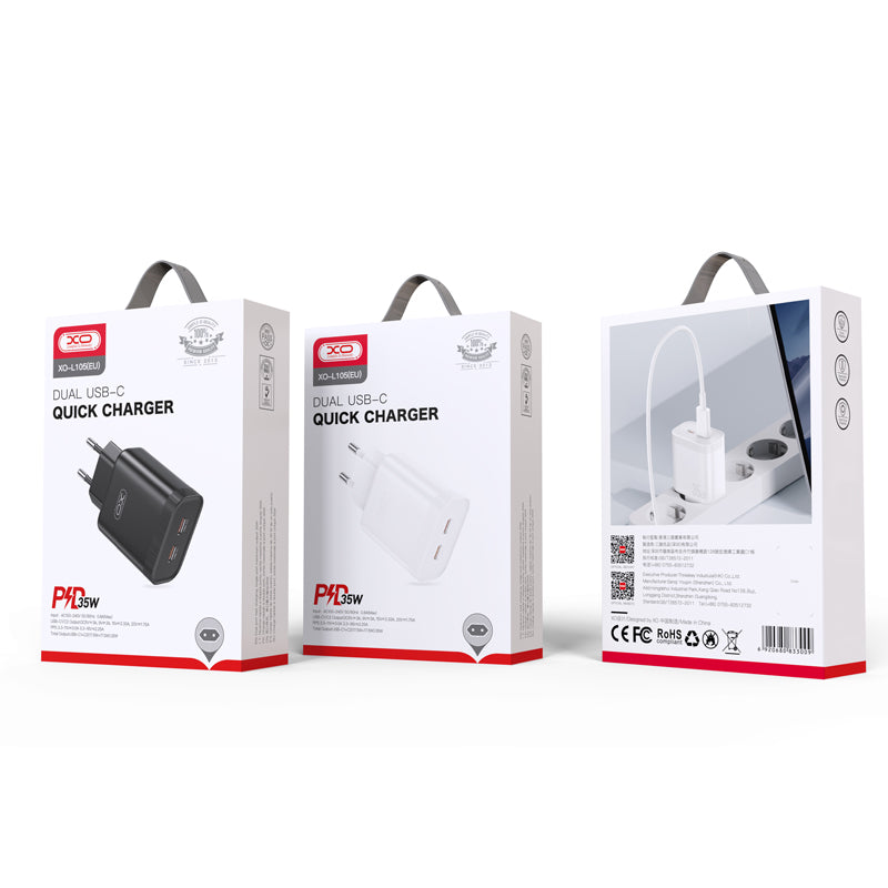 Caricabatterie di rete XO Design L105, 35W, 3A, 2 x USB-C, nero