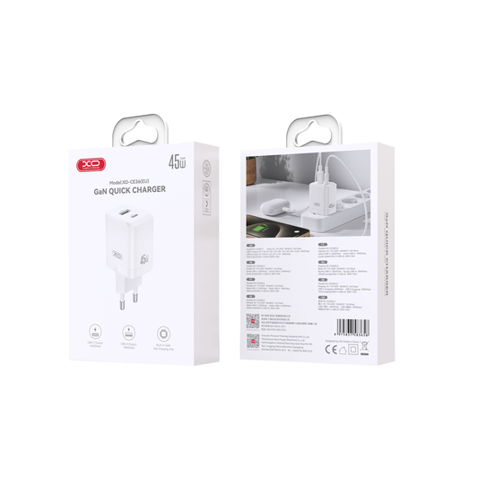 Caricabatterie Rete XO Design CE36, 45W, 3A, 1 x USB-A - 1 x USB-C, Bianco