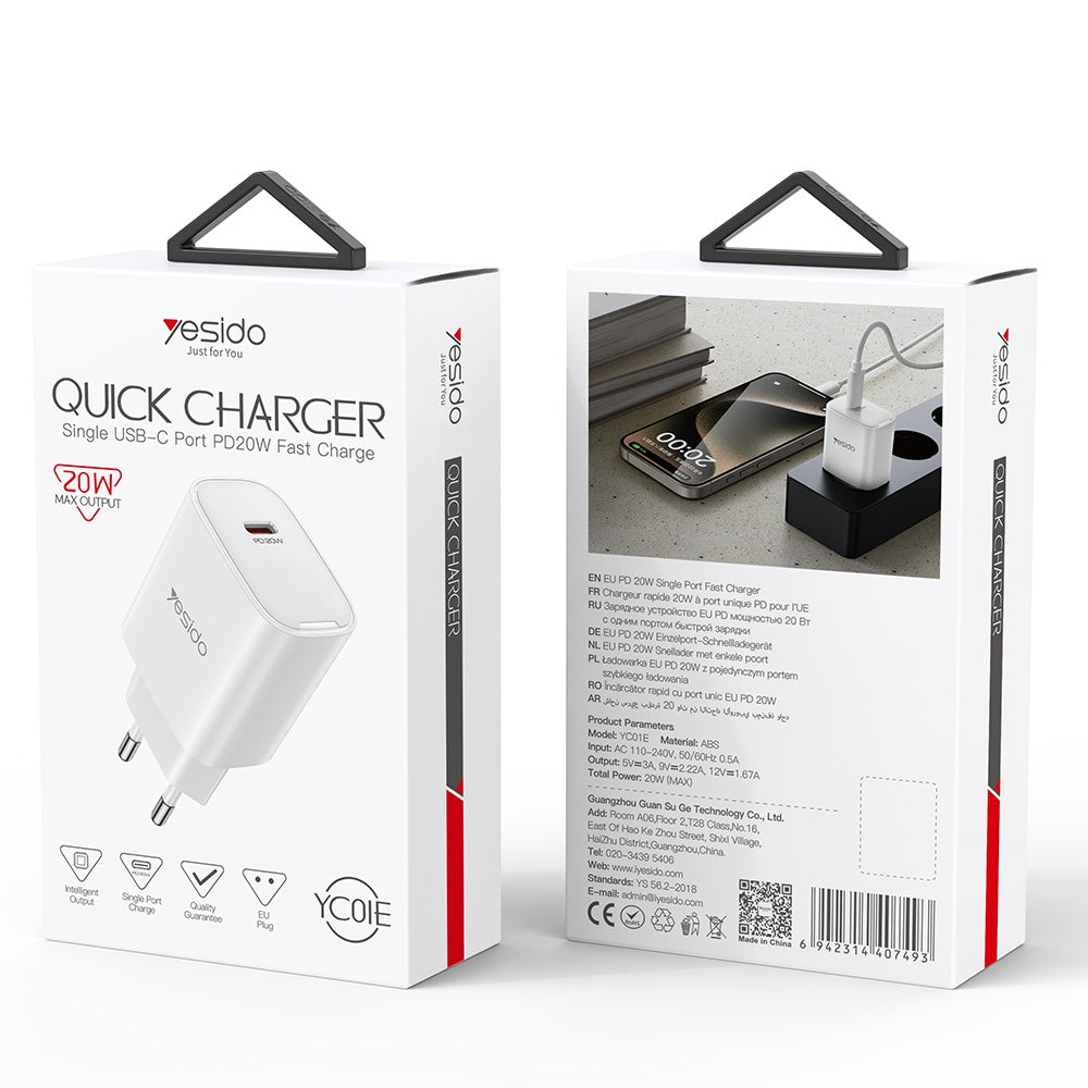 Caricabatterie Rete Yesido YC01E, 20W, 3A, 1 x USB-C, Bianco