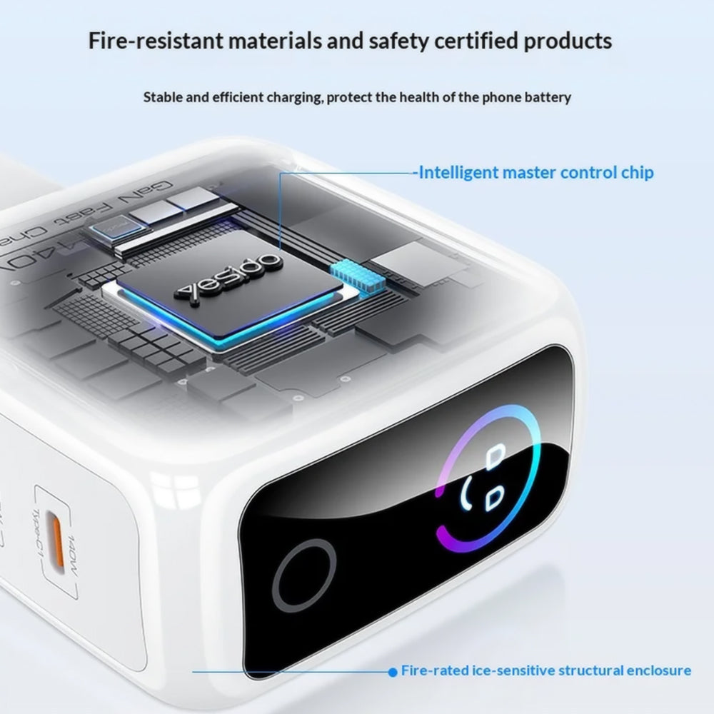 Chargeur secteur Yesido YC114 avec écran, 140W, 5A, 1 x USB-A - 2 x USB-C, Blanc