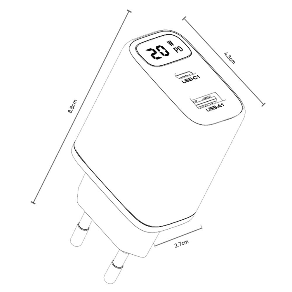 Chargeur Réseau Yesido YC68, Affichage 20W, 3A, 1 x USB-A - 1 x USB-C, Noir