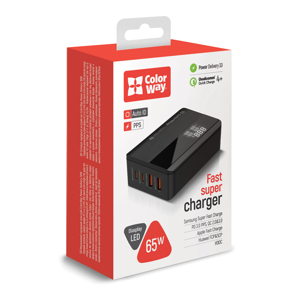 Chargeur Station ColorWay Display, 65W, 3.25A, 2 x USB-A - 2 x USB-C, Noir