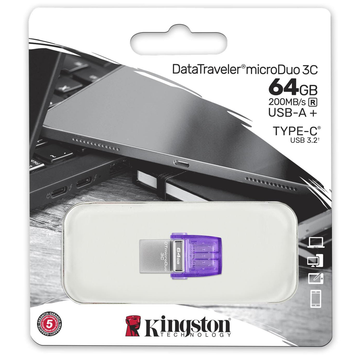 Mémoire Externe USB-A 3.2 / USB-C Kingston microDuo 3C, 64Gb DTDUO3CG3/64GB