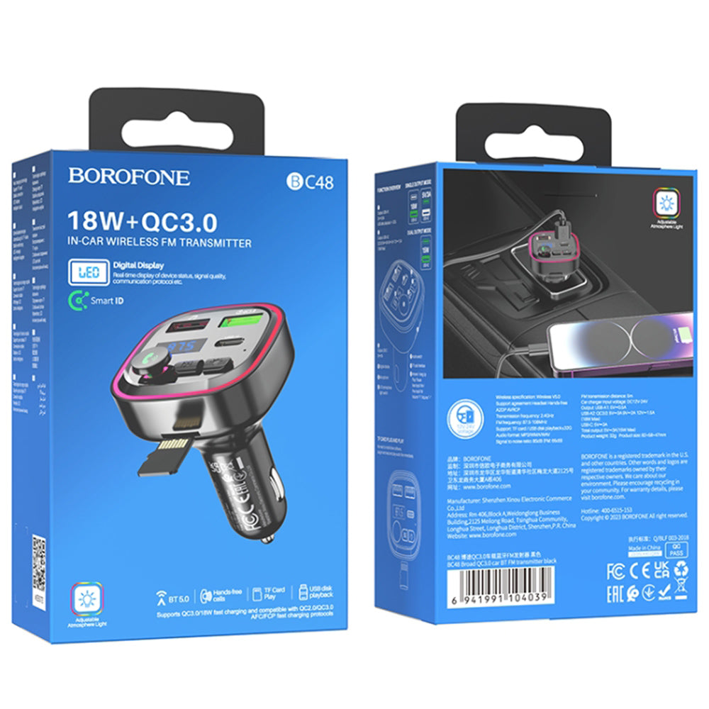 Modulatore FM Bluetooth Borofone BC48, 2 x USB-A - 1 x USB-C - 1 x microSD