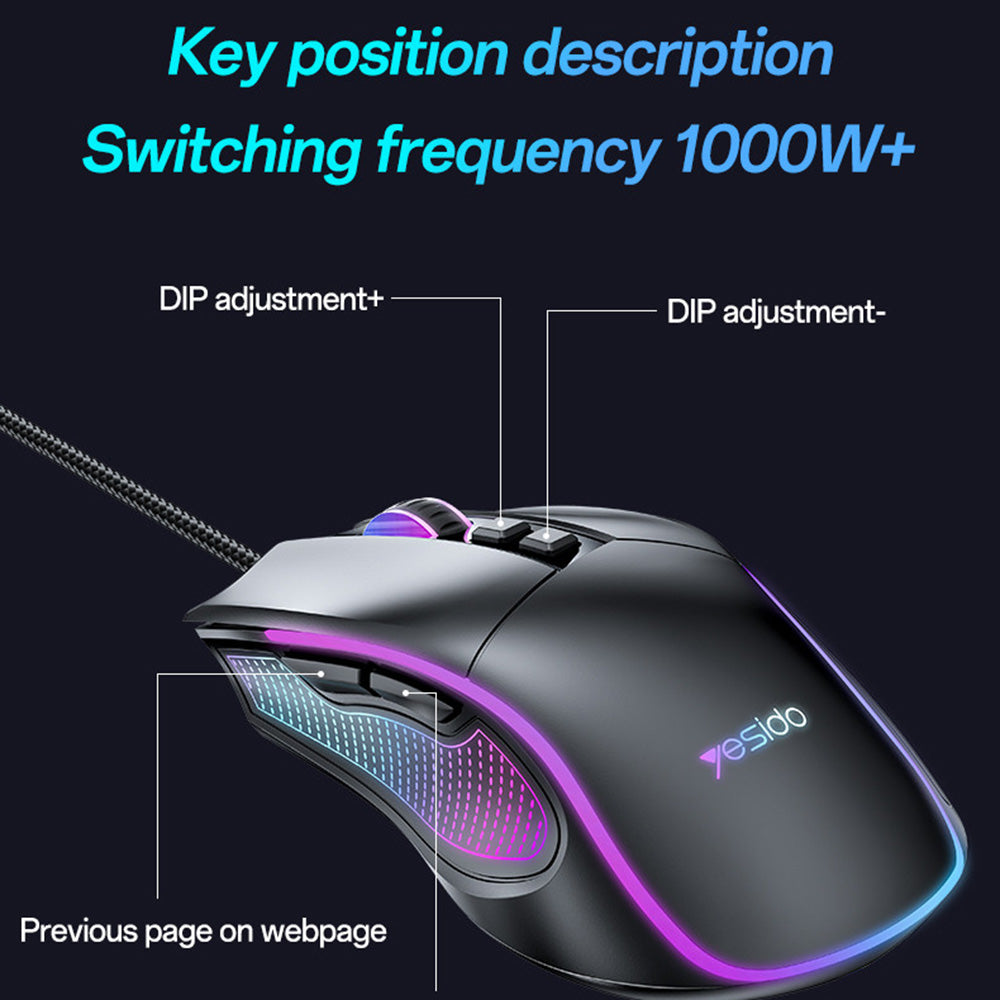 Souris Gaming Filaire USB Yesido KB20, RGB, 1000DPI - 7200DPI, Noir