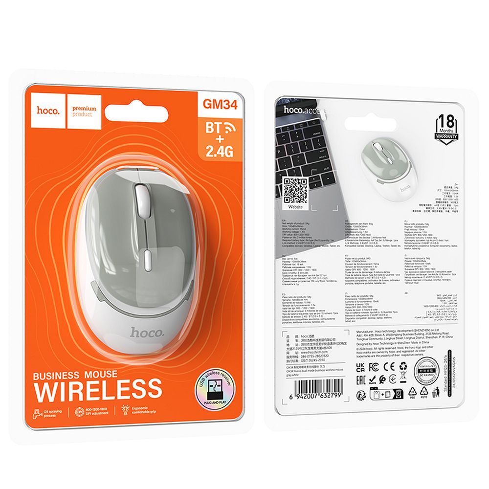 HOCO GM34 Mouse senza fili, 1600DPI, grigio