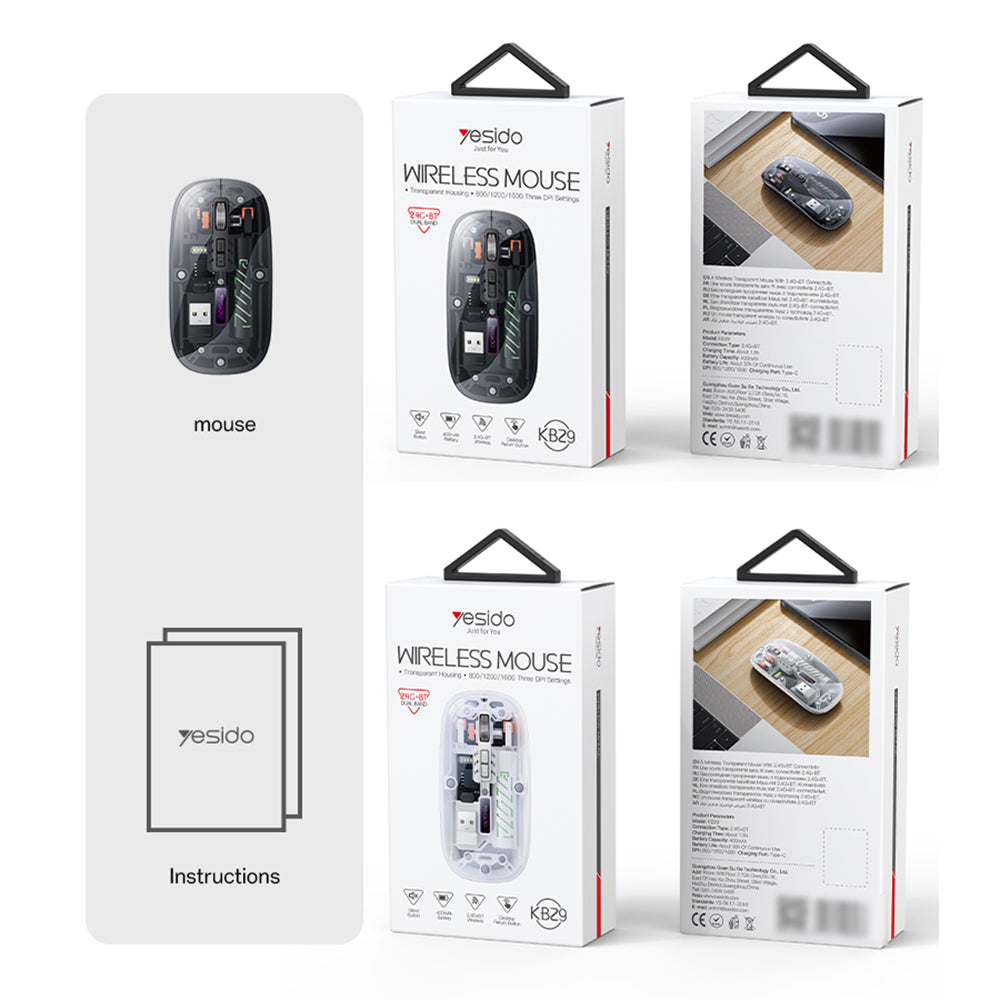 Mouse Wireless Yesido KB29, 800DPI - 1600DPI, BT / Wi-Fi, Nero
