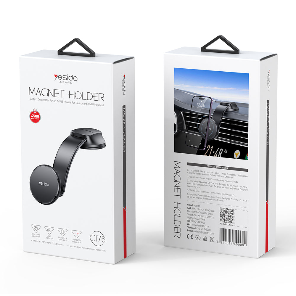 Support Auto Magnétique Yesido C176, Universel, Noir