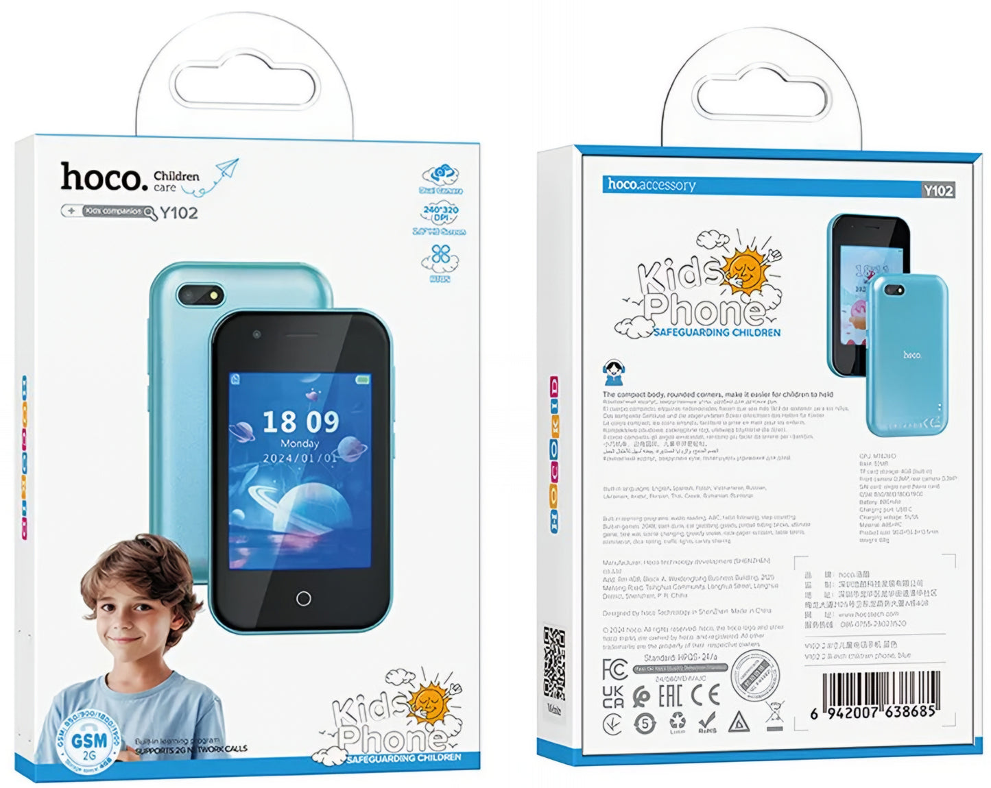 Téléphone Mobile HOCO Y102 Kids, 2G, Écran 2.8 pouces, Bleu