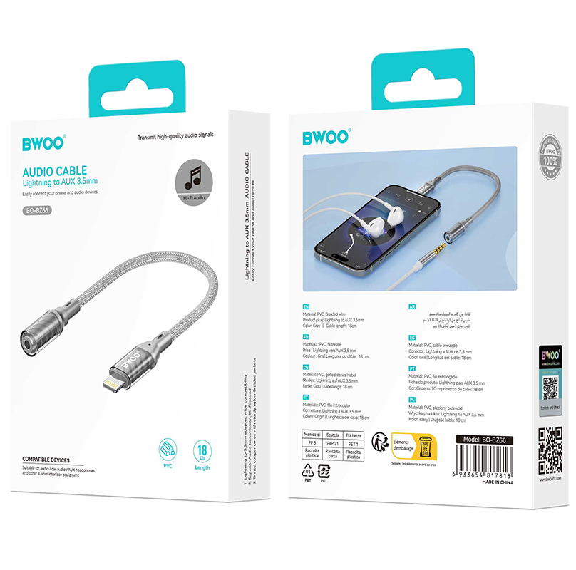 Adattatore Audio Lightning - 3.5mm BWOO BZ66, Grigio