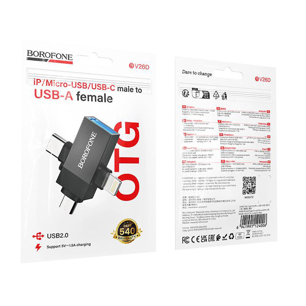 OTG-Adapter Lightning / microUSB / USB-C - USB-A Borofone BV26D, Schwarz