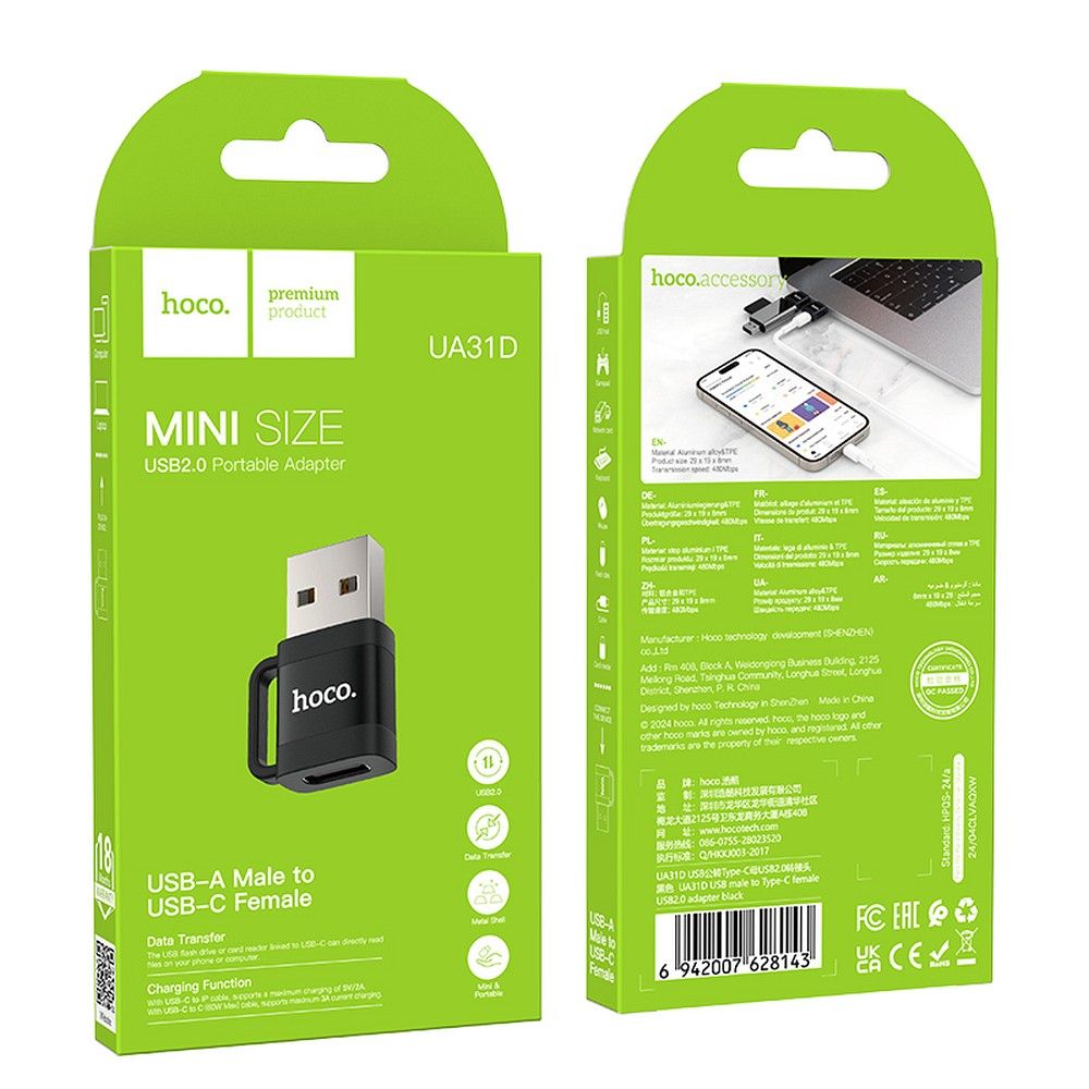 Adattatore Dati e Ricarica USB-C - USB-A HOCO UA31D, Nero