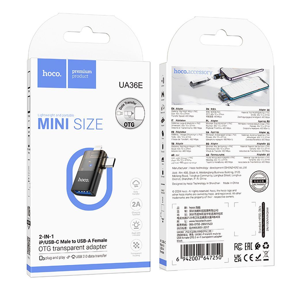 OTG-Adapter Lightning / USB-C - USB-A HOCO UA36E, Schwarz