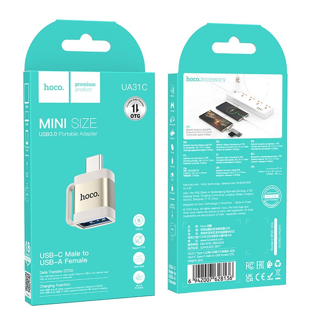 OTG Adapter USB-C - USB-A HOCO UA31C, Grau