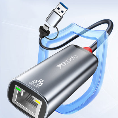 Adaptateur Réseau Yesido HB26, RJ45, USB / USB-C, Gris