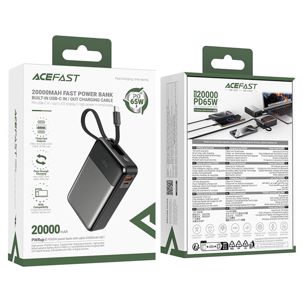 Batteria Esterna Acefast M21, 20000mAh, 65W, QC + PD, 1 x USB-A - 2 x USB-C, Nera